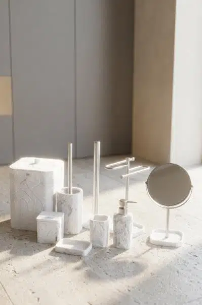 Acar JHN-09782 Beyaz Taş Görünümlü Laduree 9'lu Köşeli Banyo Seti