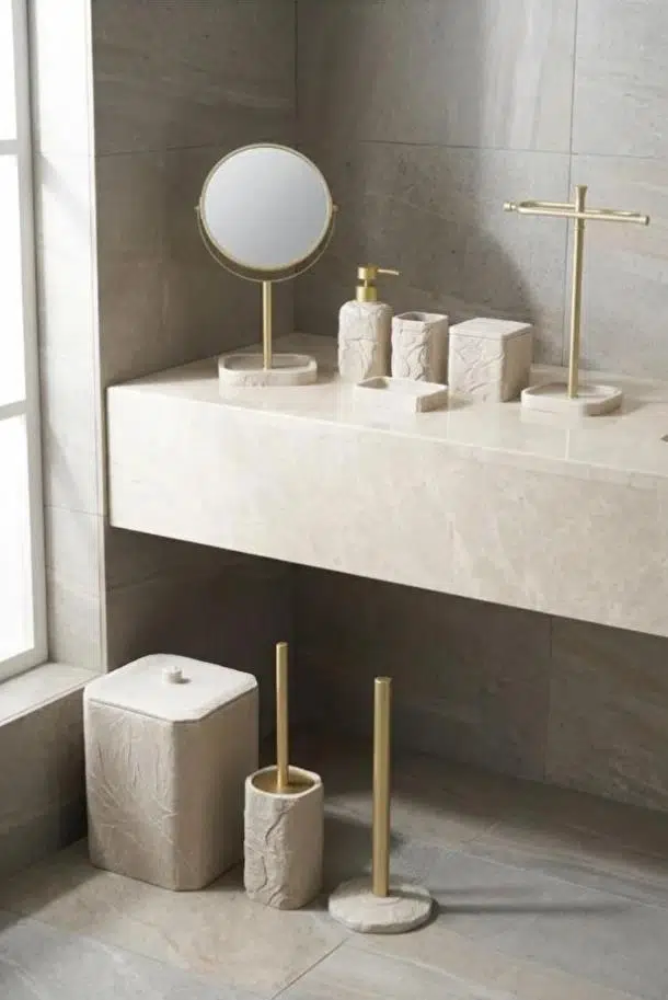 Acar JHN-09783 Bej Taş Görünümlü Laduree 9'lu Köşeli Banyo Seti