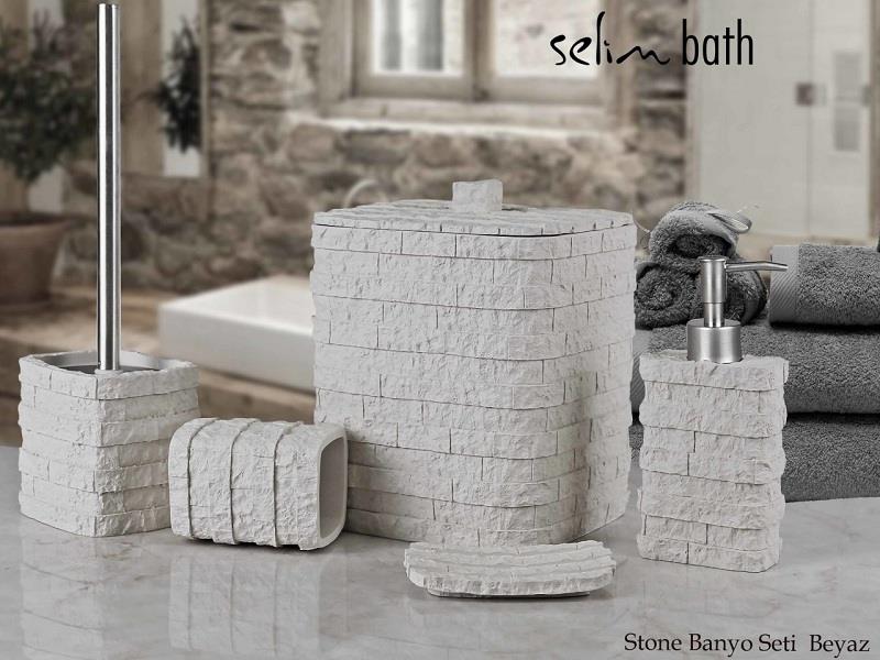 By Selim Home Stone Beyaz Polyester 5 Parça Banyo Seti