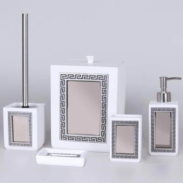 By Selim Veroni Beyaz-Gümüş Aynalı 5 Parça Polyester Banyo Seti