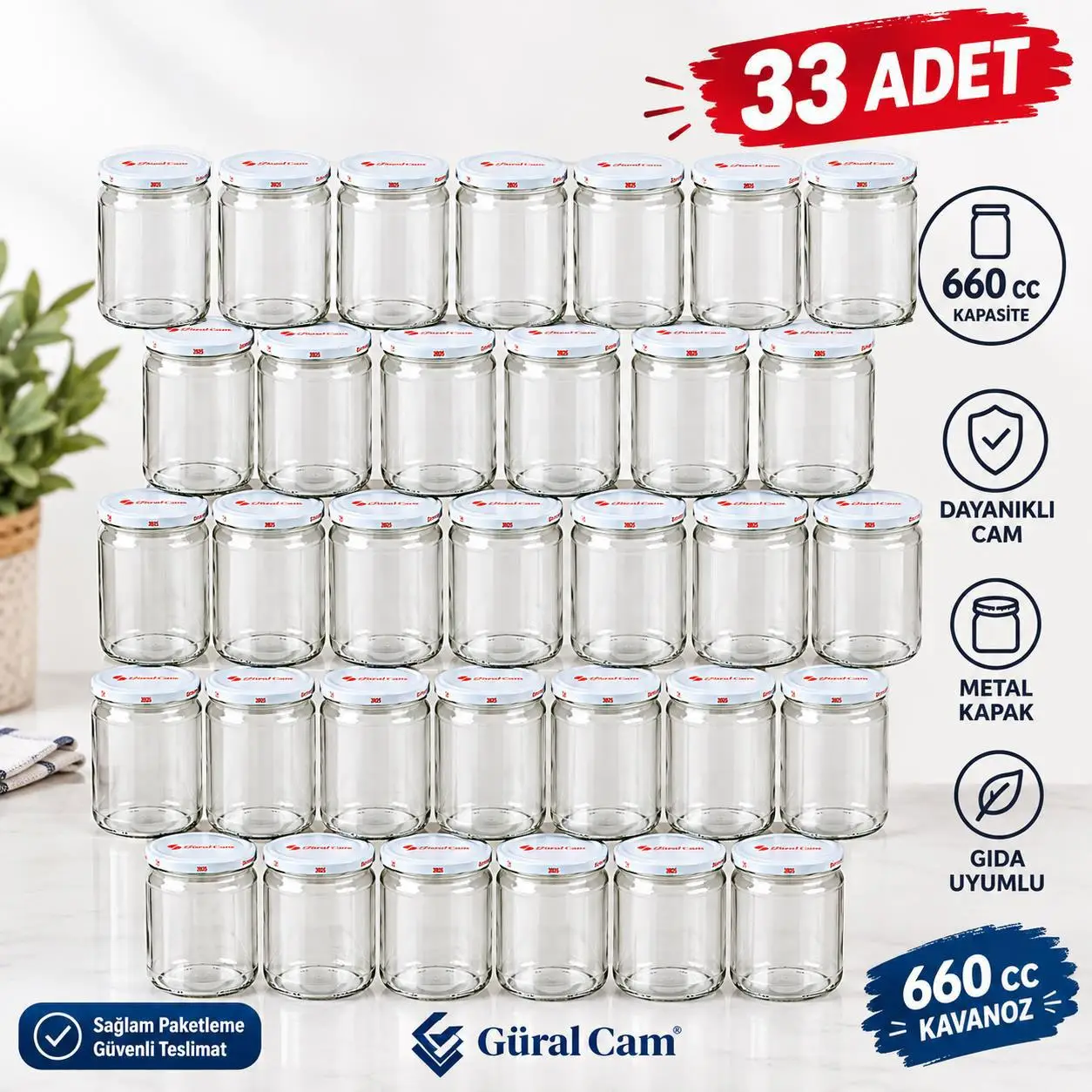 Güral Cam 660 cc Cam Kavanoz Paşabahçe Kapaklı 33 Adet Konserve Yarımlık