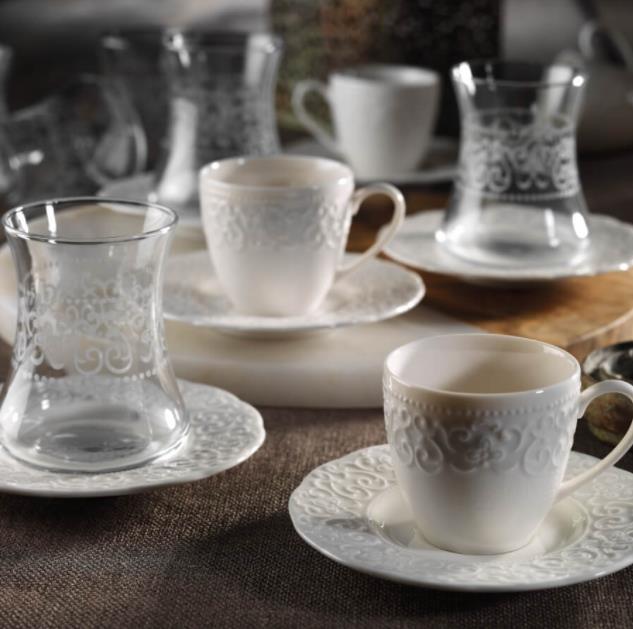 Kütahya Porselen İrem 18 Parça  Çay Takımı ve Türk Kahve Set